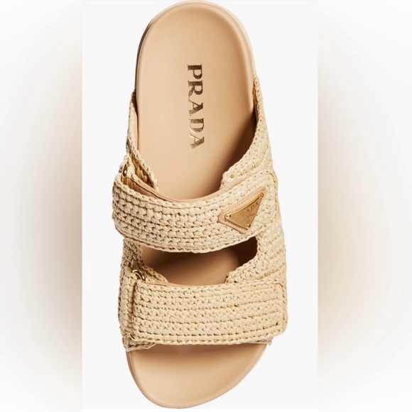Prada Fussbett Raffia Double Band Tan Woven Slide Sandals - Picture 5 of 16